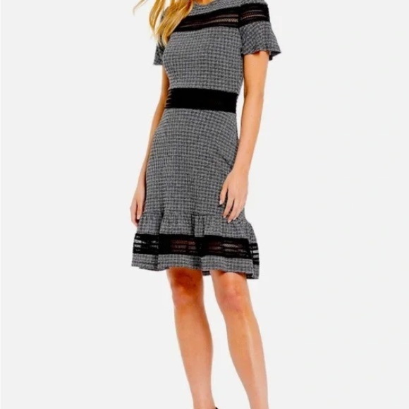 Women’s Houndstooth Black White Short Sleeve Checkered Midi Work Dress Medium - Picture 14 of 15